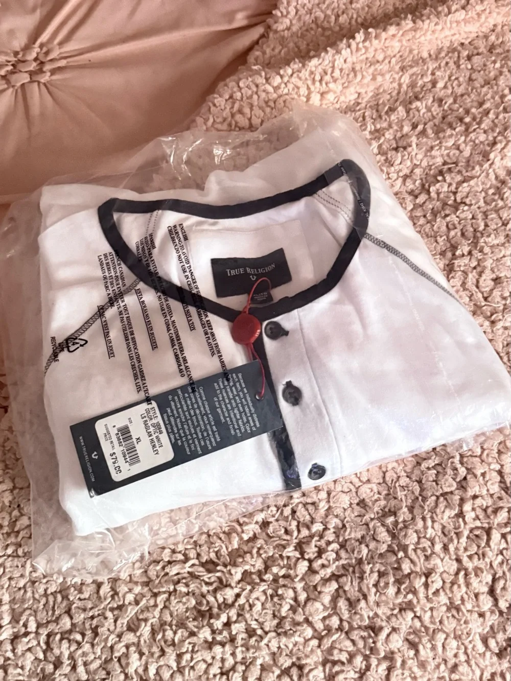 True Religion White Long-Sleeve Henley with Black Contrast Trim